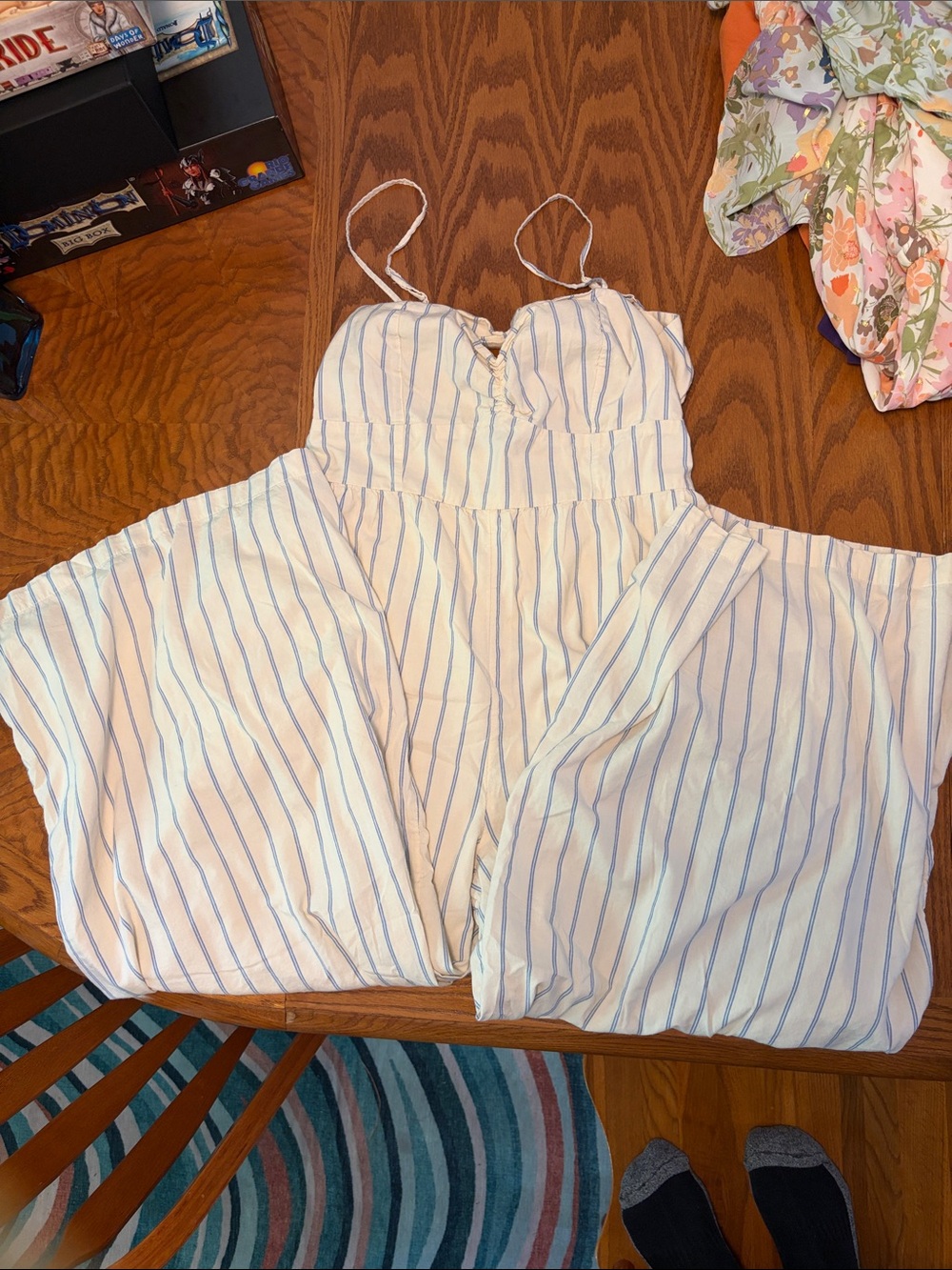 Striped White & Blue Spaghetti Strap jumpsuit